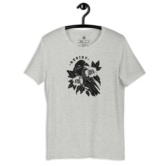 Resist Crow Floral and Leafy Graphic on a light grey unisex t shirt, witchy nature vibes, Rebel Girl Rampage