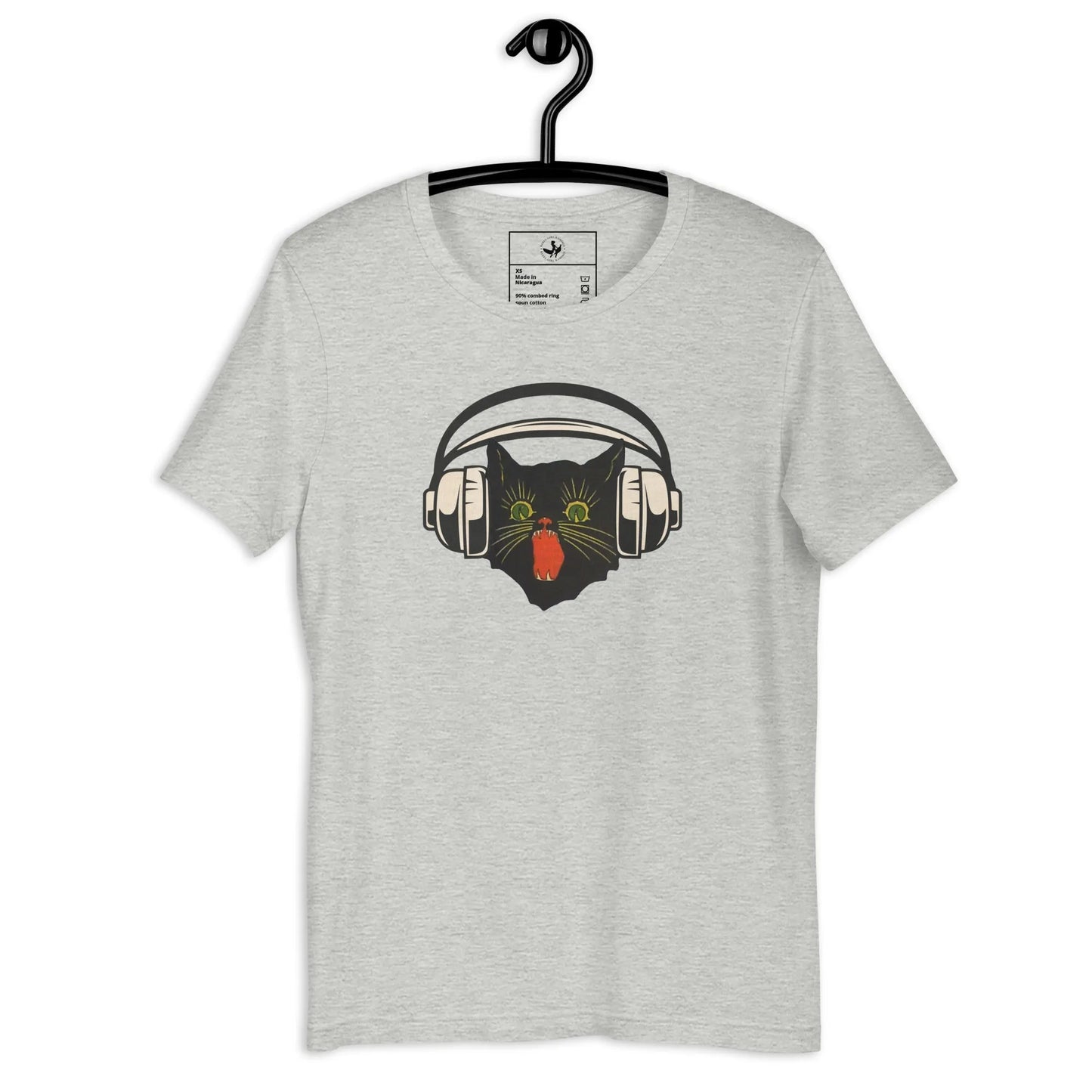 Retro black cat listening to music with headphones on a light grey shirt, spooky season, vintage style, Rebel Girl Rampage