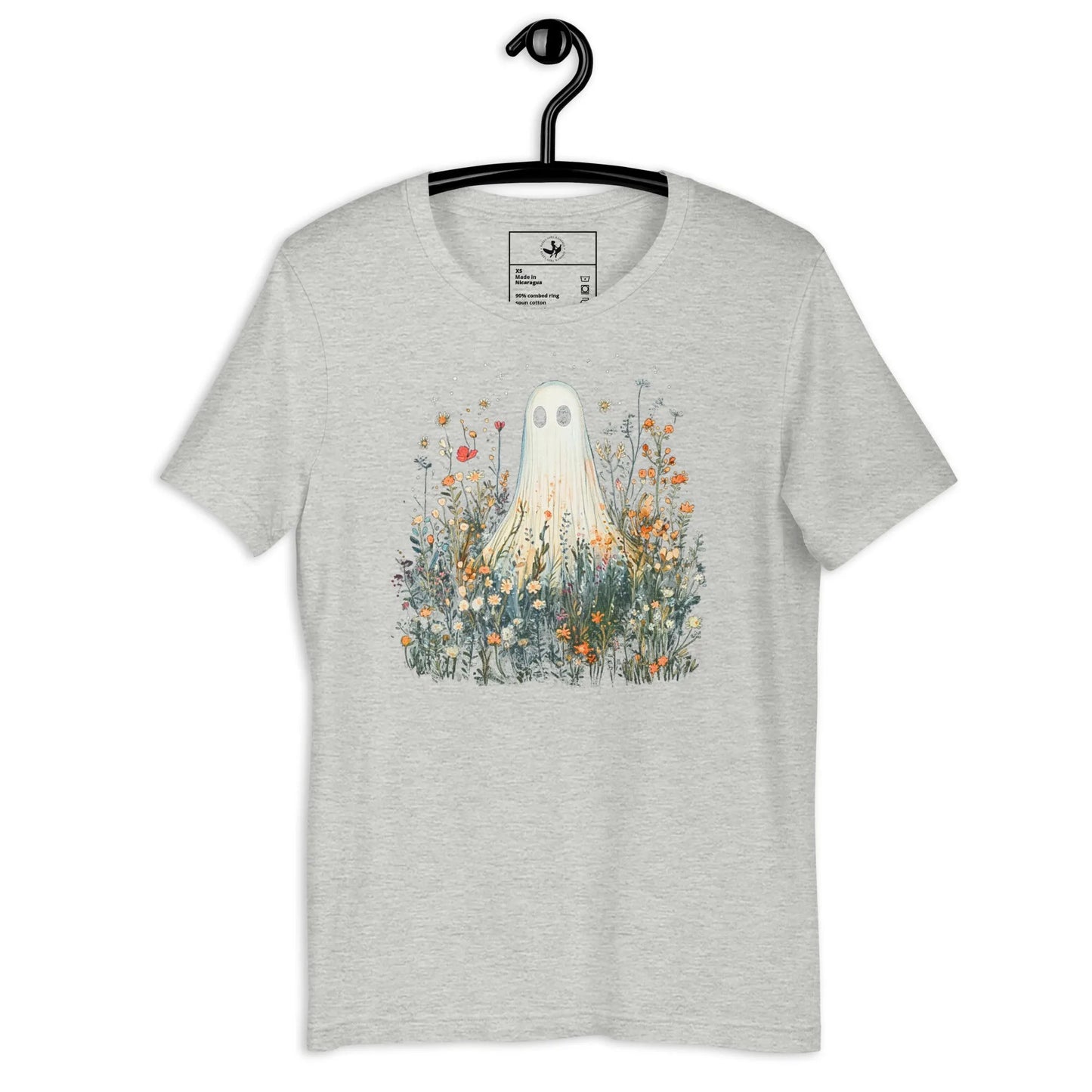 Cute ghost graphic in a field of flowers and foliage on a light grey unisex t shirt, spooky season, cute, Rebel Girl Rampage