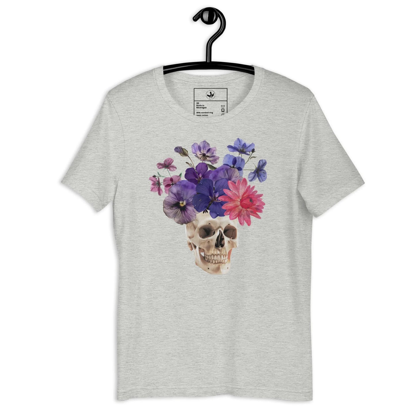 Skull graphic with beautiful pink and purple flowers on a light grey unisex t shirt, macabre, beautiful, nature, witchy, floral, spooky season, Rebel Girl Rampage