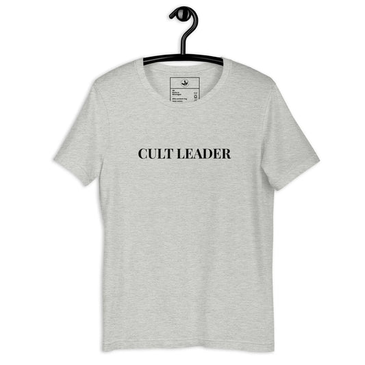 Gray t-shirt with 'CULT LEADER' text on a hanger against a white background, Rebel Girl Rampage