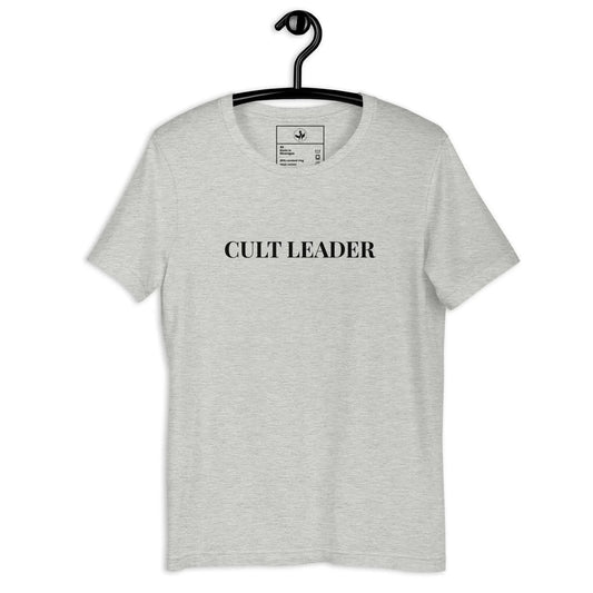 Gray t-shirt with 'CULT LEADER' text on a hanger against a white background, Rebel Girl Rampage