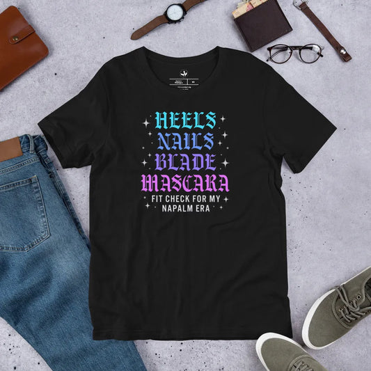 Heels, Nails, Blade, Mascara baddie fan girl sparkly Kpop blue purple and pink graphic on a black unisex t shirt, Rebel Girl Rampage, Demon Hunters