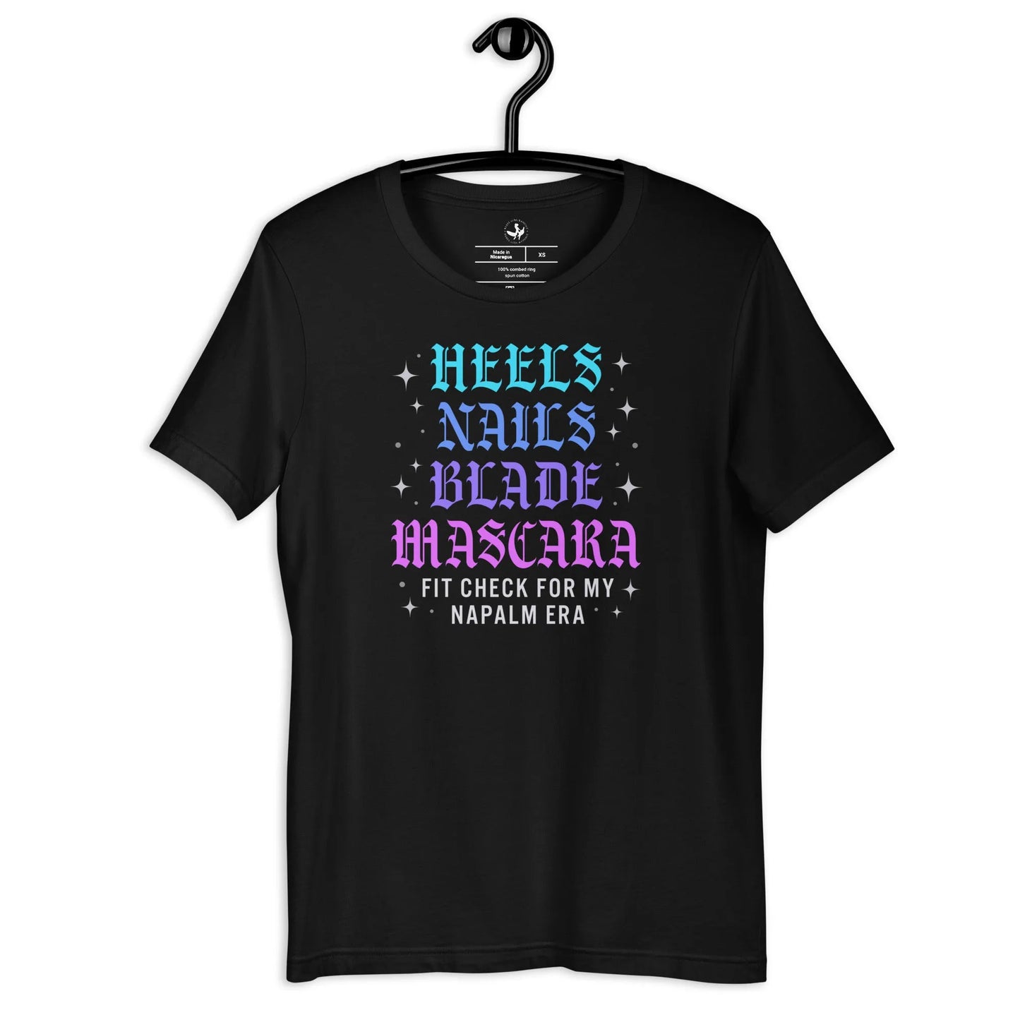 Heels, Nails, Blade, Mascara baddie fan girl sparkly Kpop blue purple and pink graphic on a black unisex t shirt, Rebel Girl Rampage, Demon Hunters
