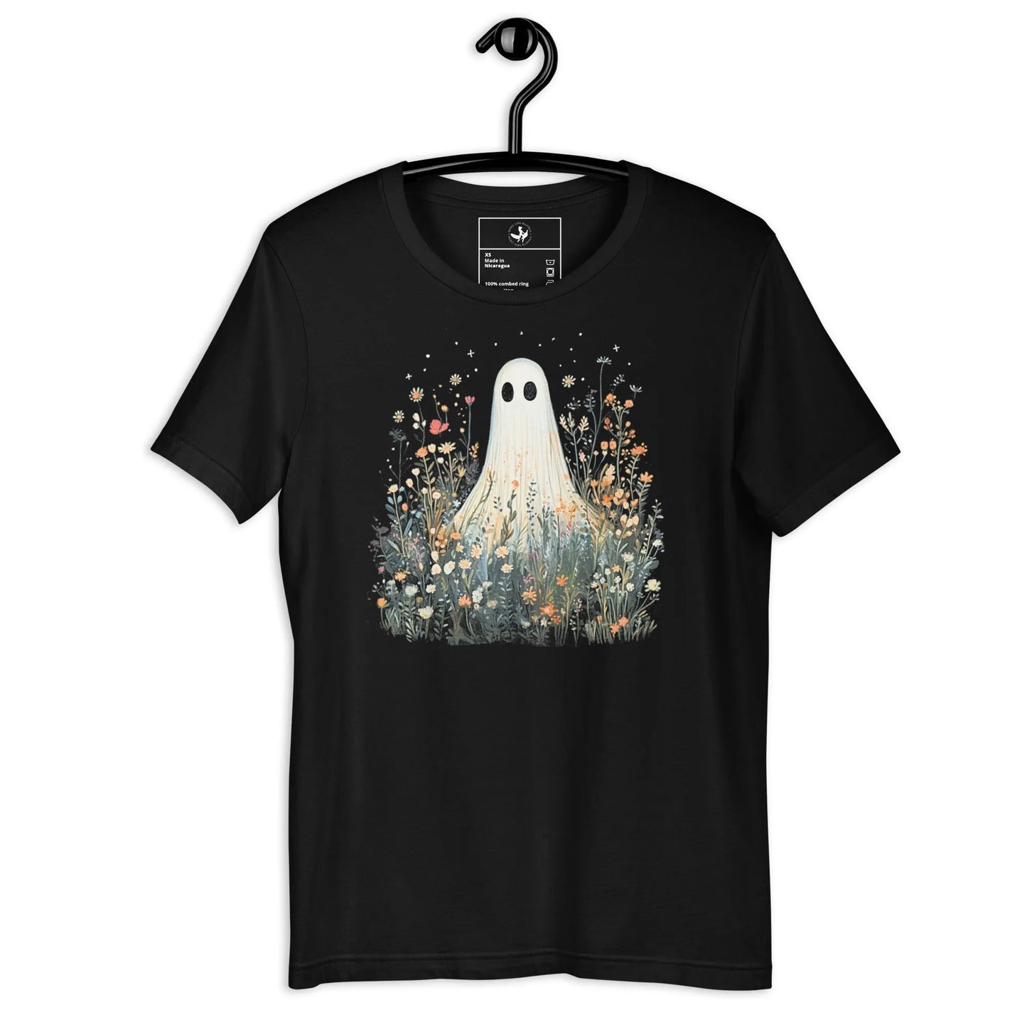 Cute ghost graphic in a field of flowers and foliage on a black unisex t shirt, spooky season, cute, Rebel Girl Rampage