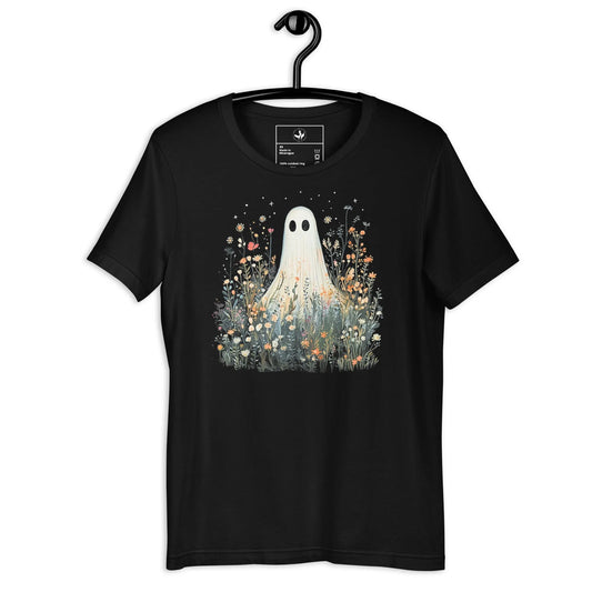 Cute ghost graphic in a field of flowers and foliage on a black unisex t shirt, spooky season, cute, Rebel Girl Rampage