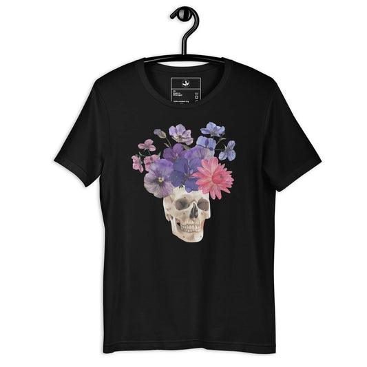 Skull graphic with beautiful pink and purple flowers on a black unisex t shirt, macabre, beautiful, nature, witchy, floral, spooky season, Rebel Girl Rampage