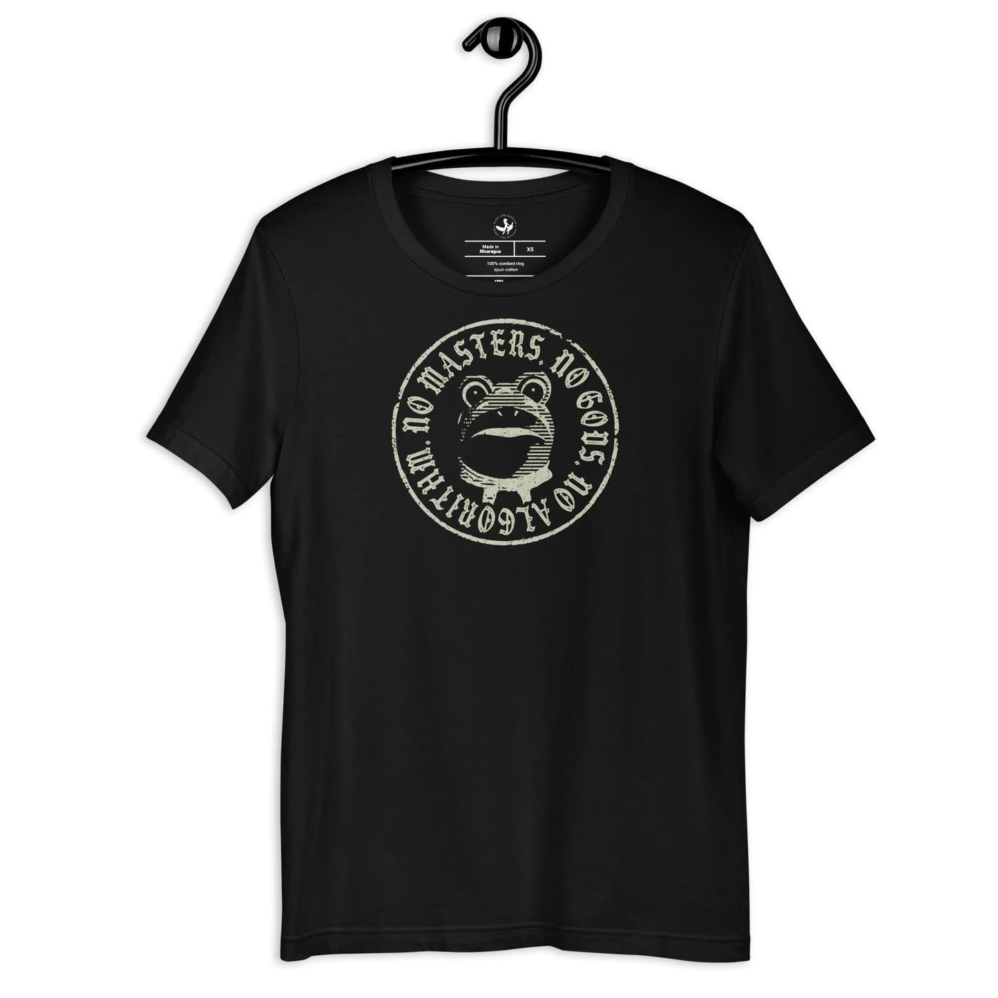 No Masters No Gods No Algorithm antifa portland frog graphic on a black unisex t shirt, Anne Lesniak, Rebel Girl Rampage.