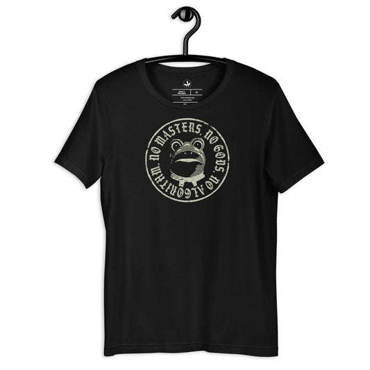 No Masters No Gods No Algorithm antifa portland frog graphic on a black unisex t shirt, Anne Lesniak, Rebel Girl Rampage.