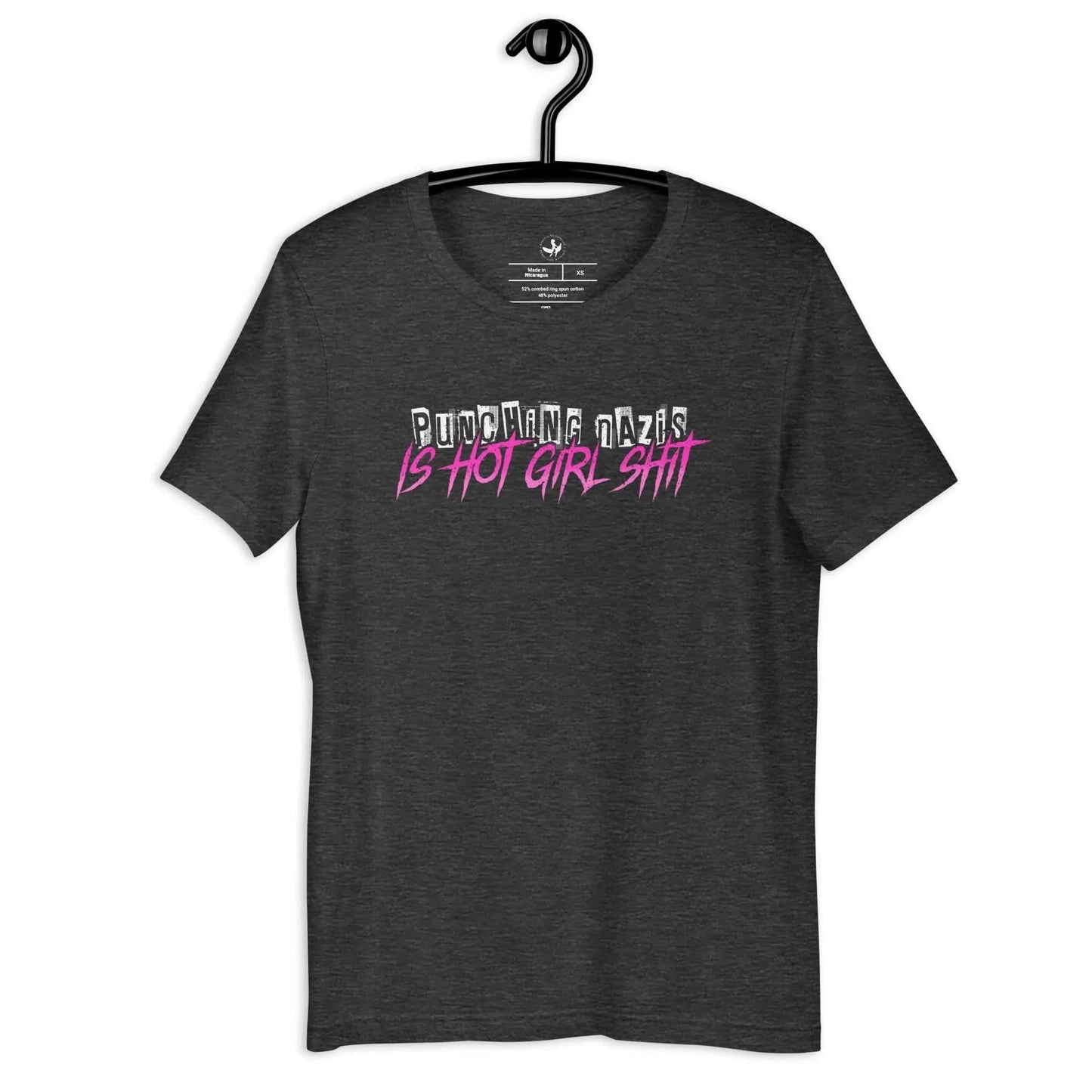 Punching Nazis is Hot Girl Shit punk, y2k pink and white graphic on a dark grey t shirt, feminism, hot girl ish, anti fascism, democracy, power to the people, sassy punk, Rebel Girl Rampage