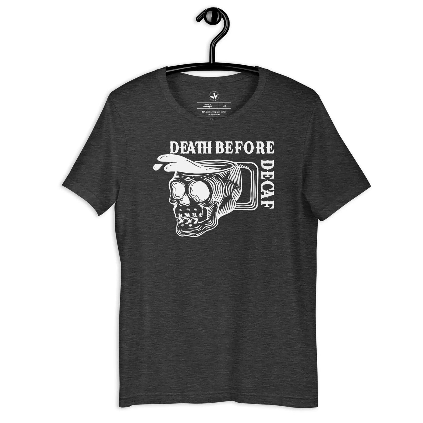 Death Before Decaf Unisex T-Shirt, Goth Skull Art, Coffee Drinker, Rebel Girl Rampage