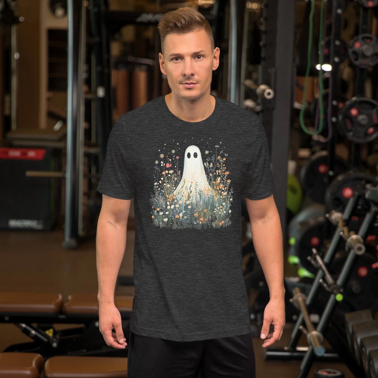 Cute ghost graphic in a field of flowers and foliage on a grey unisex t shirt, spooky season, cute, Rebel Girl Rampage