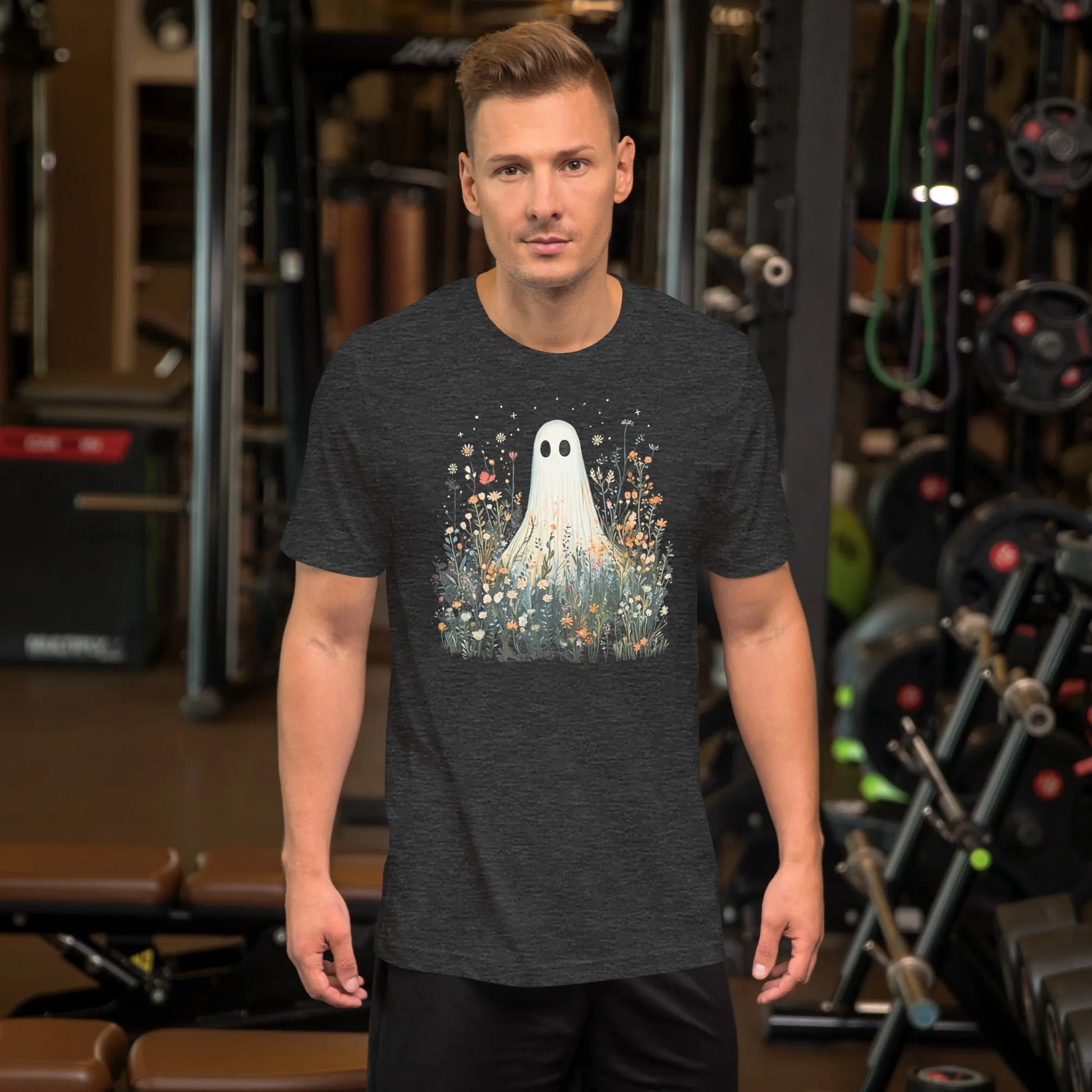 Cute ghost graphic in a field of flowers and foliage on a grey unisex t shirt, spooky season, cute, Rebel Girl Rampage