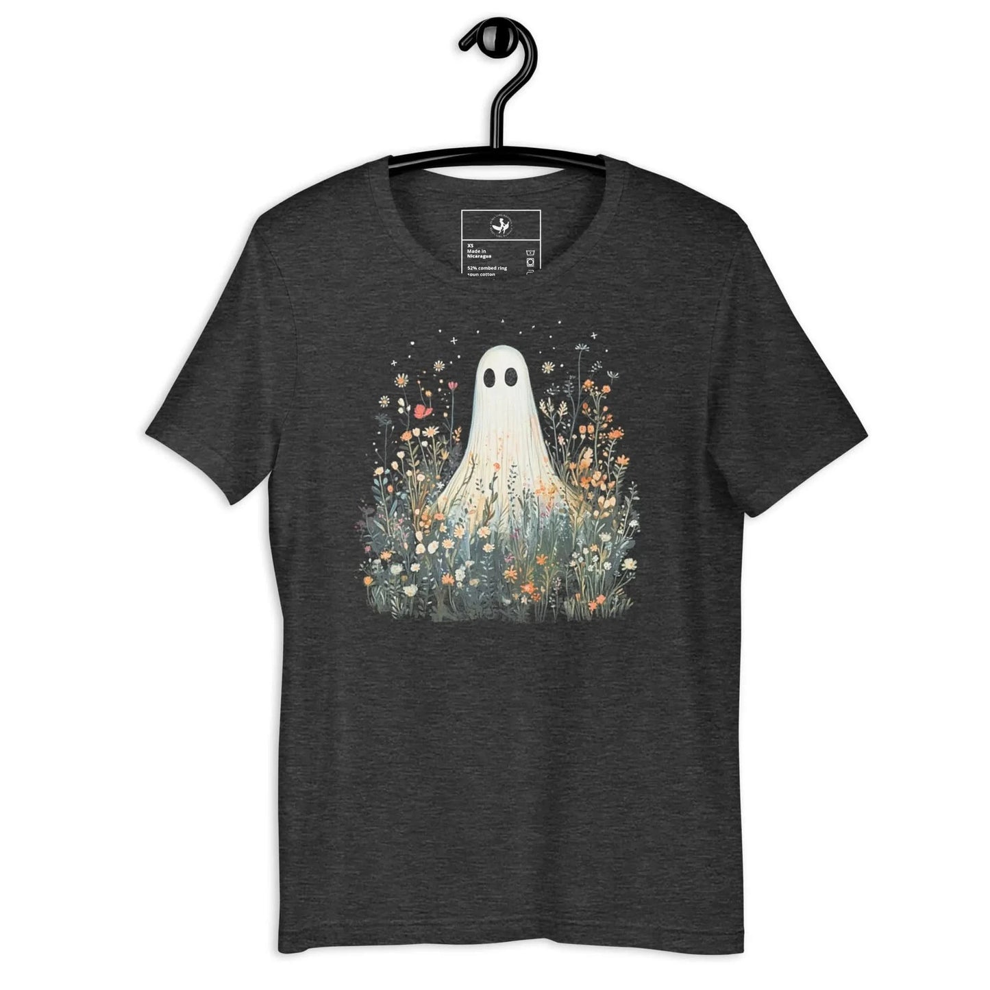 Cute ghost graphic in a field of flowers and foliage on a dark grey unisex t shirt, spooky season, cute, Rebel Girl Rampage