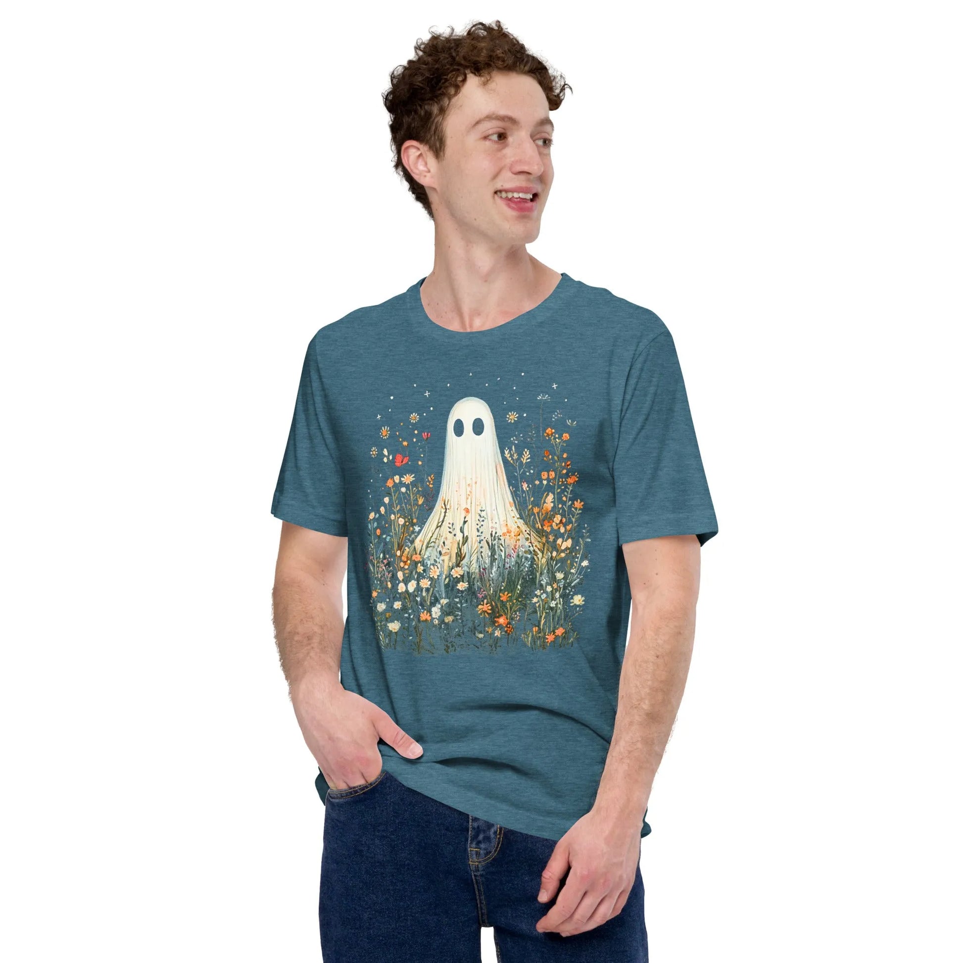 Cute ghost graphic in a field of flowers and foliage on a blue unisex t shirt, spooky season, cute, Rebel Girl Rampage