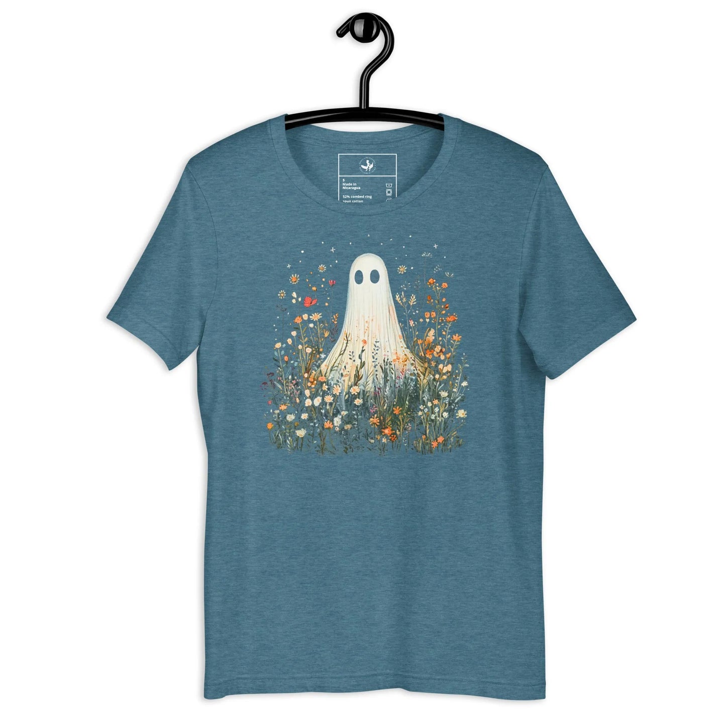 Cute ghost graphic in a field of flowers and foliage on a blue unisex t shirt, spooky season, cute, Rebel Girl Rampage