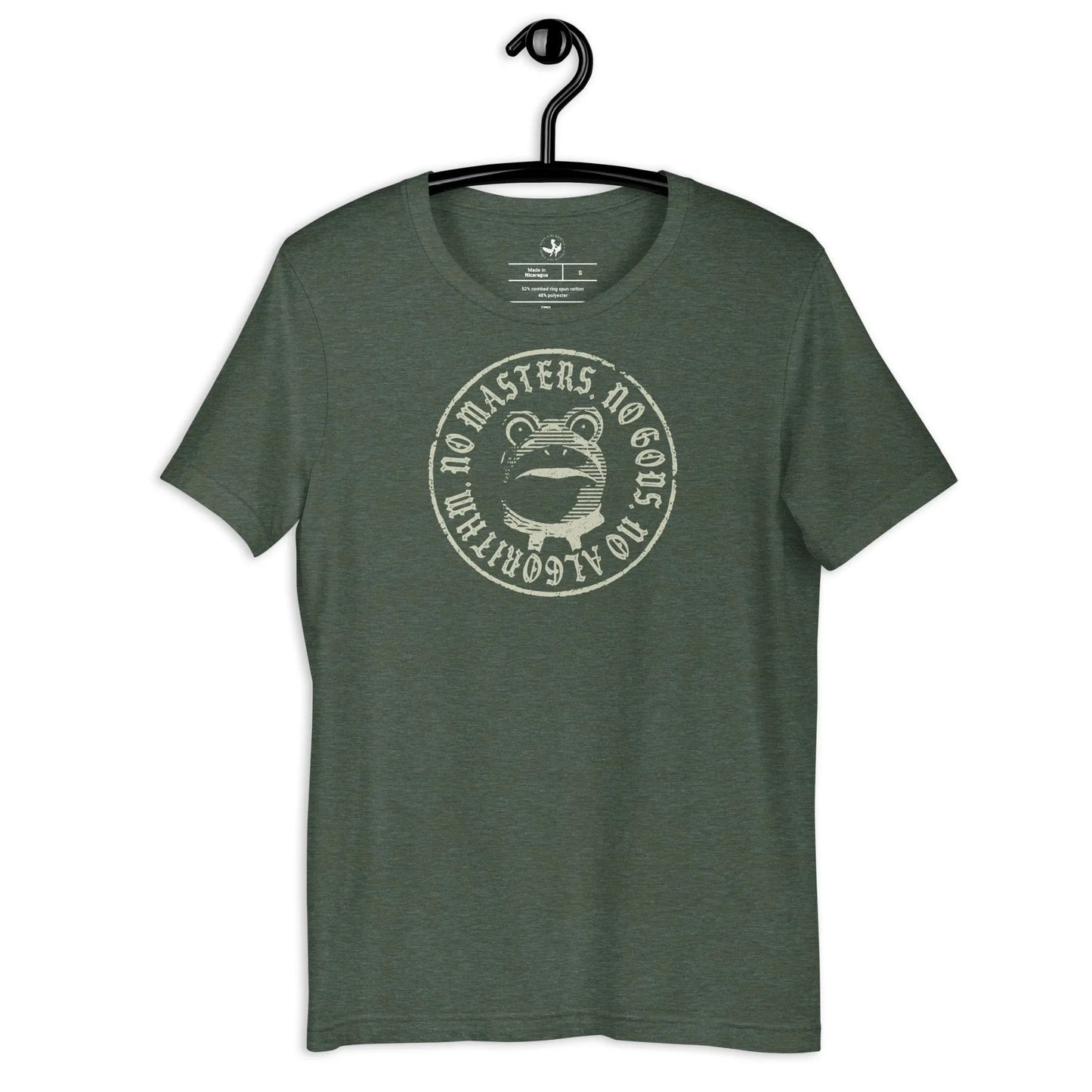 No Masters No Gods No Algorithm antifa portland frog graphic on a green unisex t shirt, Anne Lesniak, Rebel Girl Rampage.