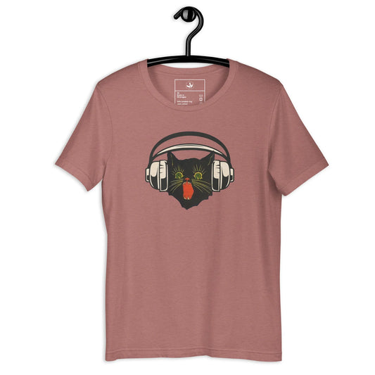 Retro black cat listening to music with headphones on a rose gold shirt, spooky season, Halloween, vintage style, Rebel Girl Rampage