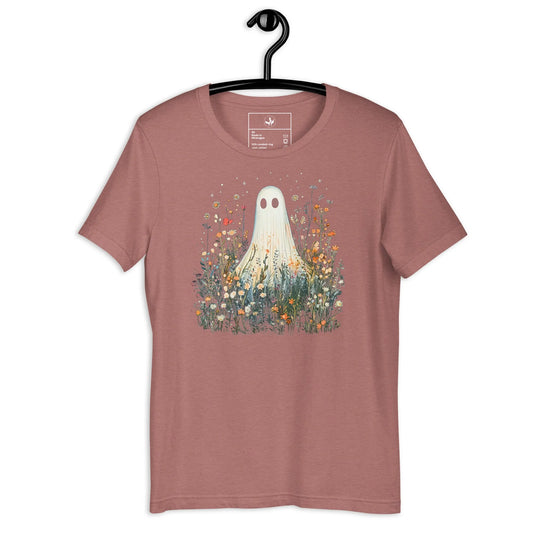 Cute ghost graphic in a field of flowers and foliage on a mauve unisex t shirt, spooky season, cute, Rebel Girl Rampage