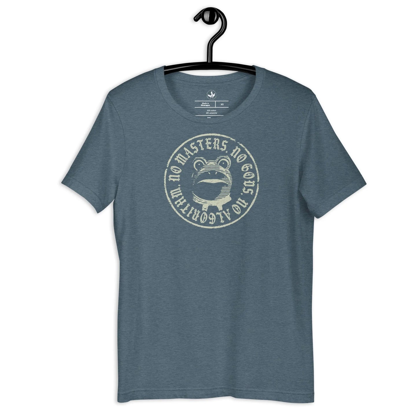No Masters No Gods No Algorithm antifa portland frog graphic on a blue unisex t shirt, Anne Lesniak, Rebel Girl Rampage.