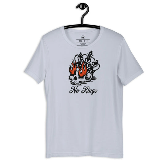 No Kings skull and crown with flame eyes graphic art on a white unisex t shirt, democracy, Rebel Girl Rampage