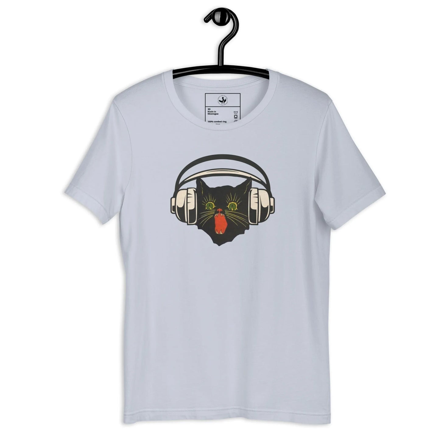 Retro black cat listening to music with headphones on an ice blue shirt, spooky season, vintage style, Rebel Girl Rampage