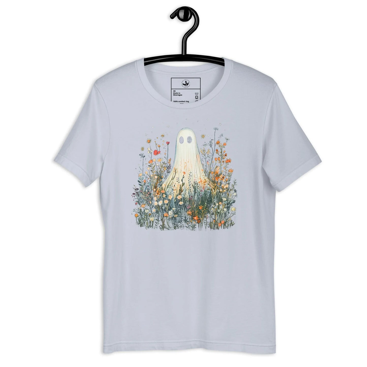Cute ghost graphic in a field of flowers and foliage on an ice blue unisex t shirt, spooky season, cute, Rebel Girl Rampage