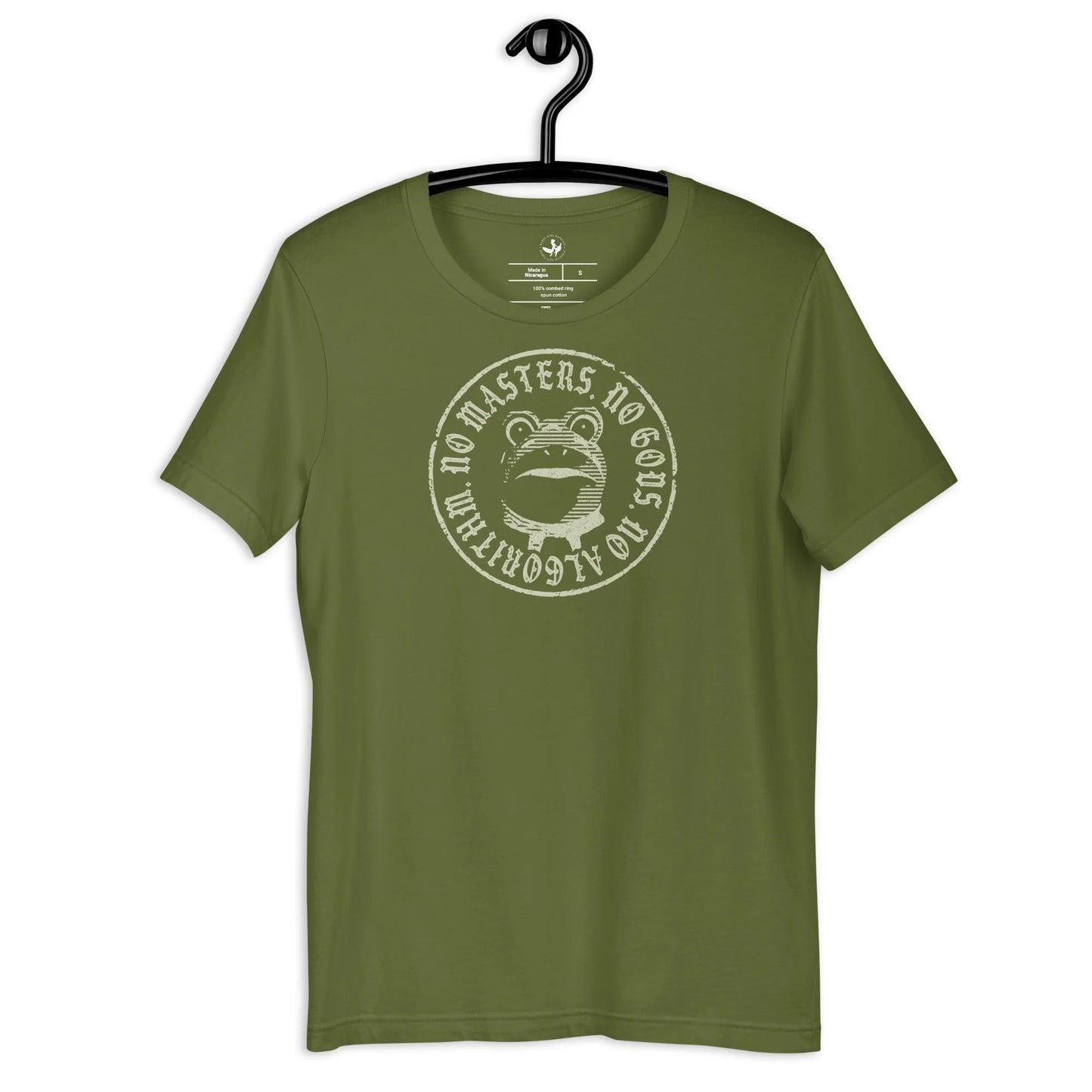 No Masters No Gods No Algorithm antifa portland frog graphic on a green unisex t shirt, Anne Lesniak, Rebel Girl Rampage.