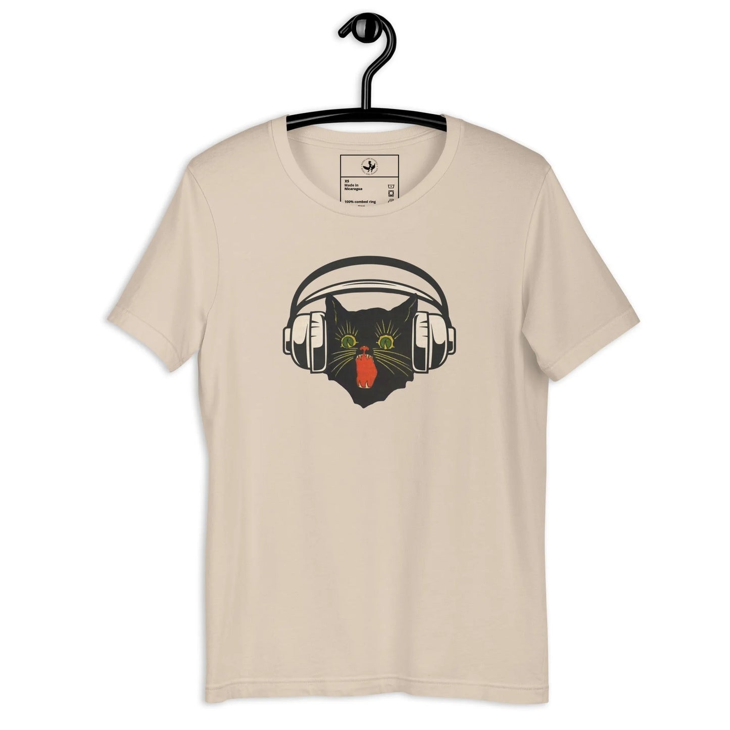Retro black cat listening to music with headphones on a cream shirt, spooky season, vintage style, Rebel Girl Rampage