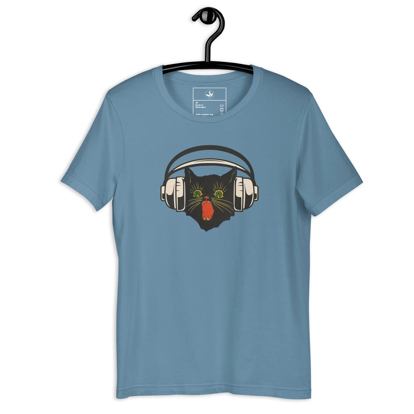 Retro black cat listening to music with headphones on a blue shirt, spooky season, vintage style, Rebel Girl Rampage