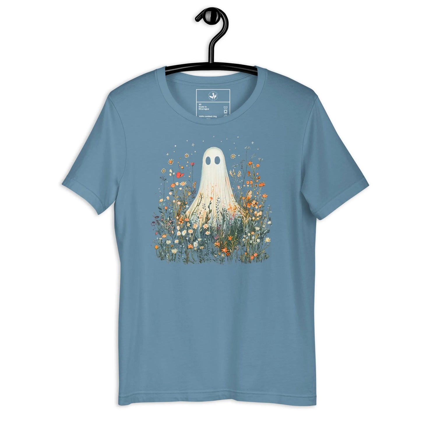 Cute ghost graphic in a field of flowers and foliage on a blue unisex t shirt, spooky season, cute, Rebel Girl Rampage