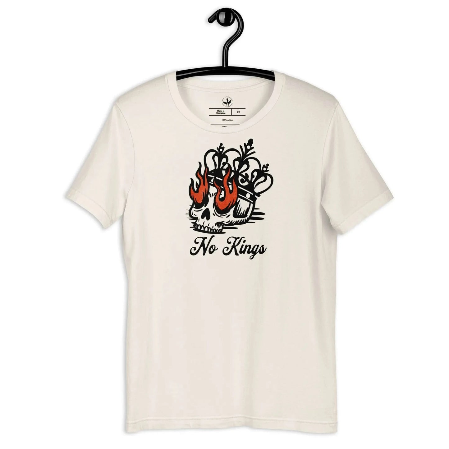 No Kings skull and crown with flame eyes graphic art on a cream colored unisex t shirt, democracy, Rebel Girl Rampage