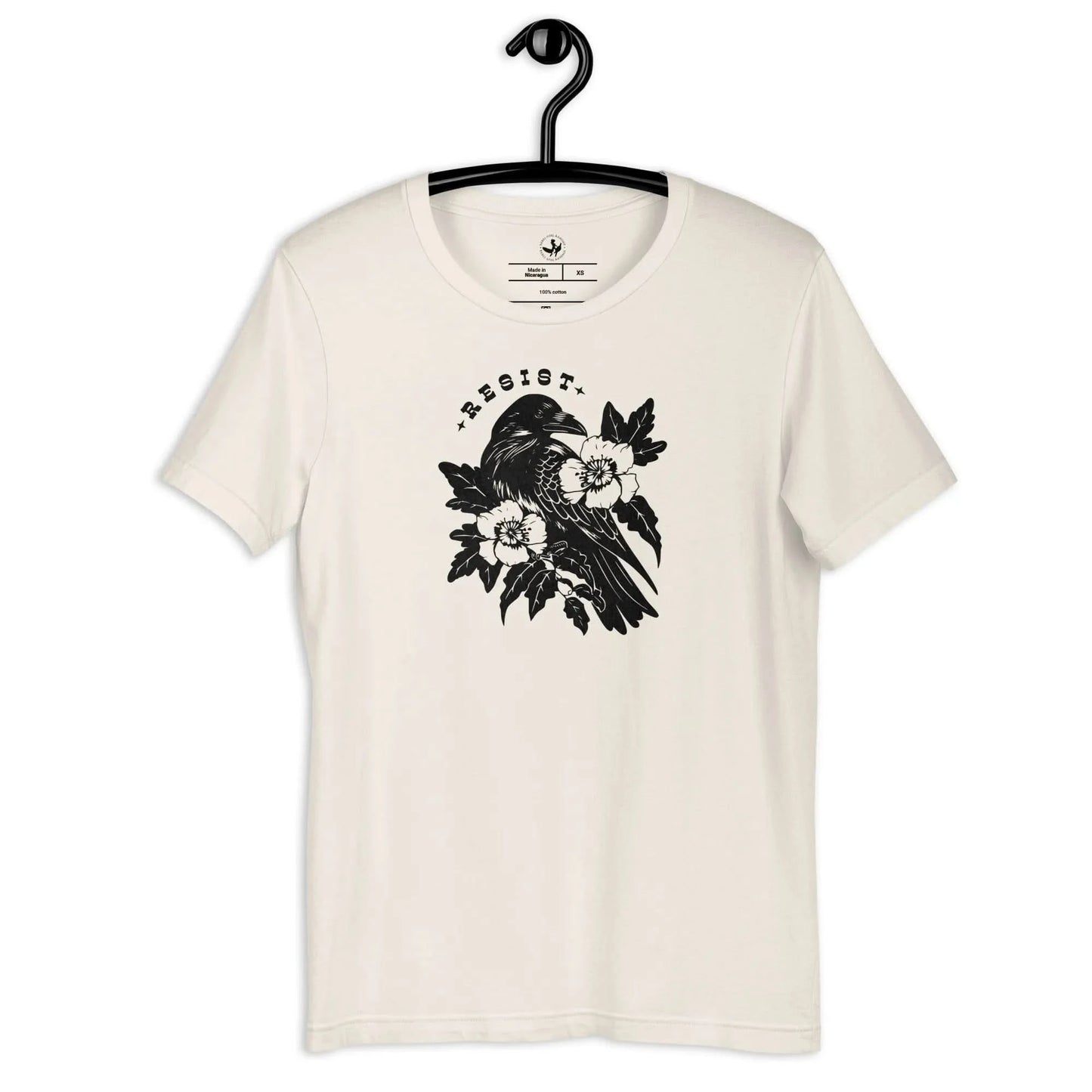Resist Crow Floral and Leafy Graphic on a white unisex t shirt, witchy nature vibes, Rebel Girl Rampage
