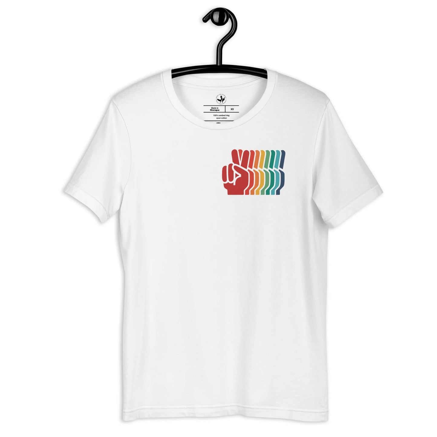 Rainbow Peace Sign Fingers Unisex T-Shirt, LGBTQ Pride, Anne Lesniak, Rebel Girl Rampage