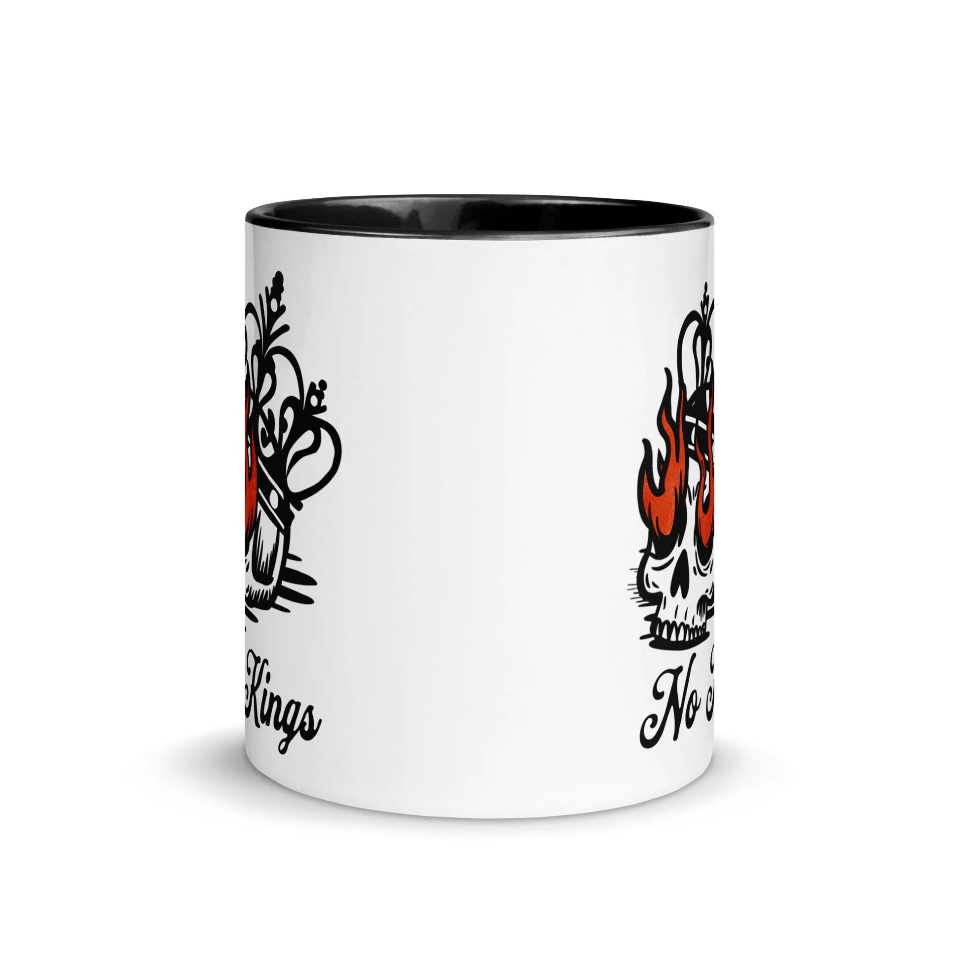 No Kings Skull Crown and Fire Eyes Graphic on a black and white mug, stand with democracy, Rebel Girl Rampage