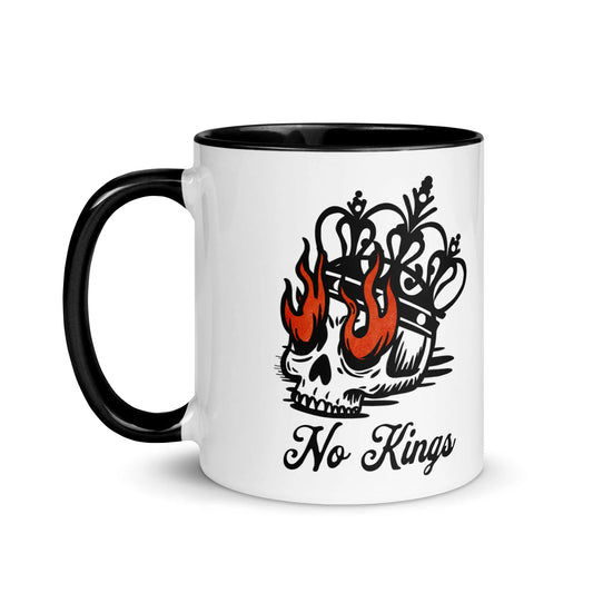 No Kings Skull Crown and Fire Eyes Graphic on a black and white mug, stand with democracy, Rebel Girl Rampage