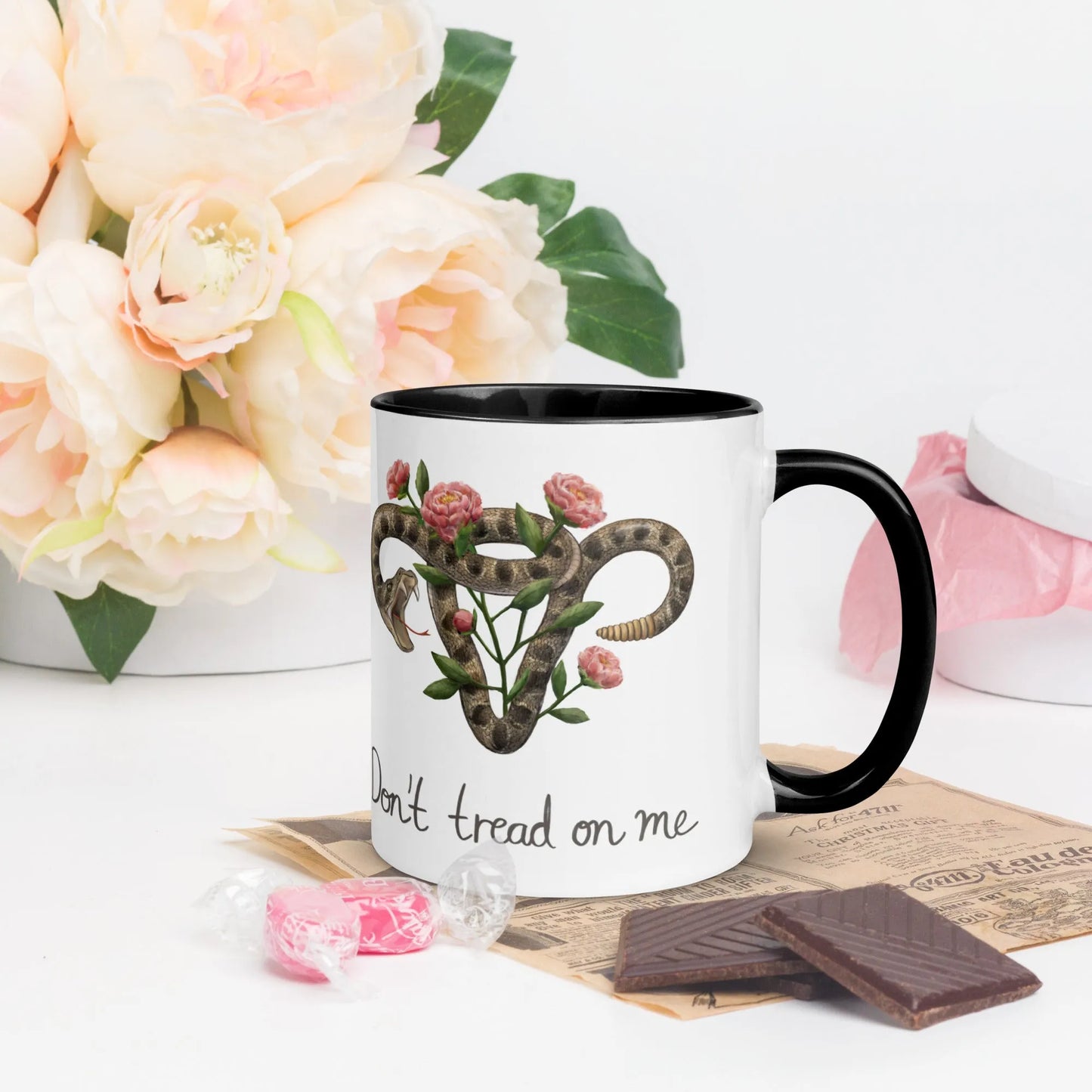 Don’t Tread On Me Uterus with Flowers Ceramic Mug, Mug, Home, Designs by Allison Wong, DTOM, Mugs, Rebel Girl Rampage