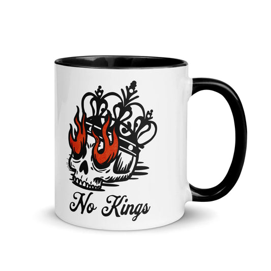 No Kings Skull Crown and Fire Eyes Graphic on a black and white mug, stand with democracy, Rebel Girl Rampage