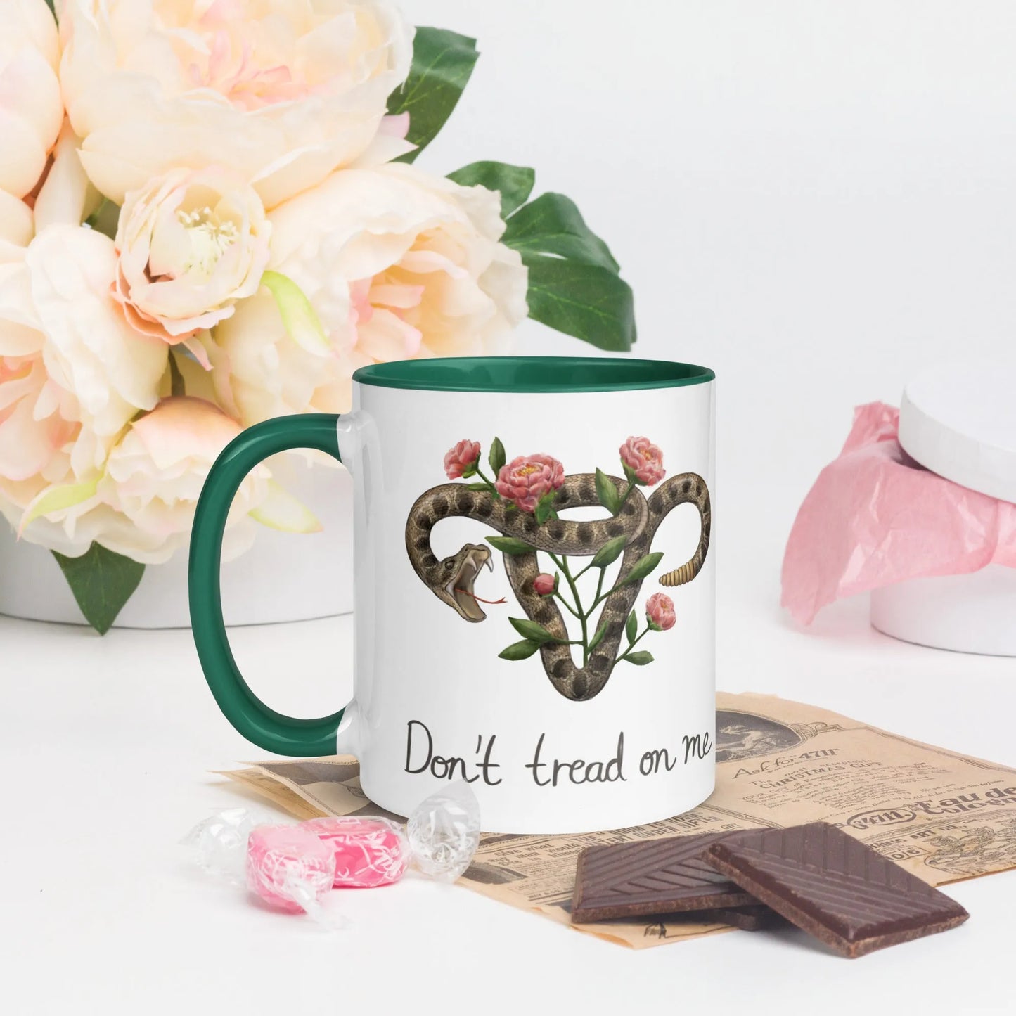 Don’t Tread On Me Uterus with Flowers Ceramic Mug, Mug, Home, Designs by Allison Wong, DTOM, Mugs, Rebel Girl Rampage