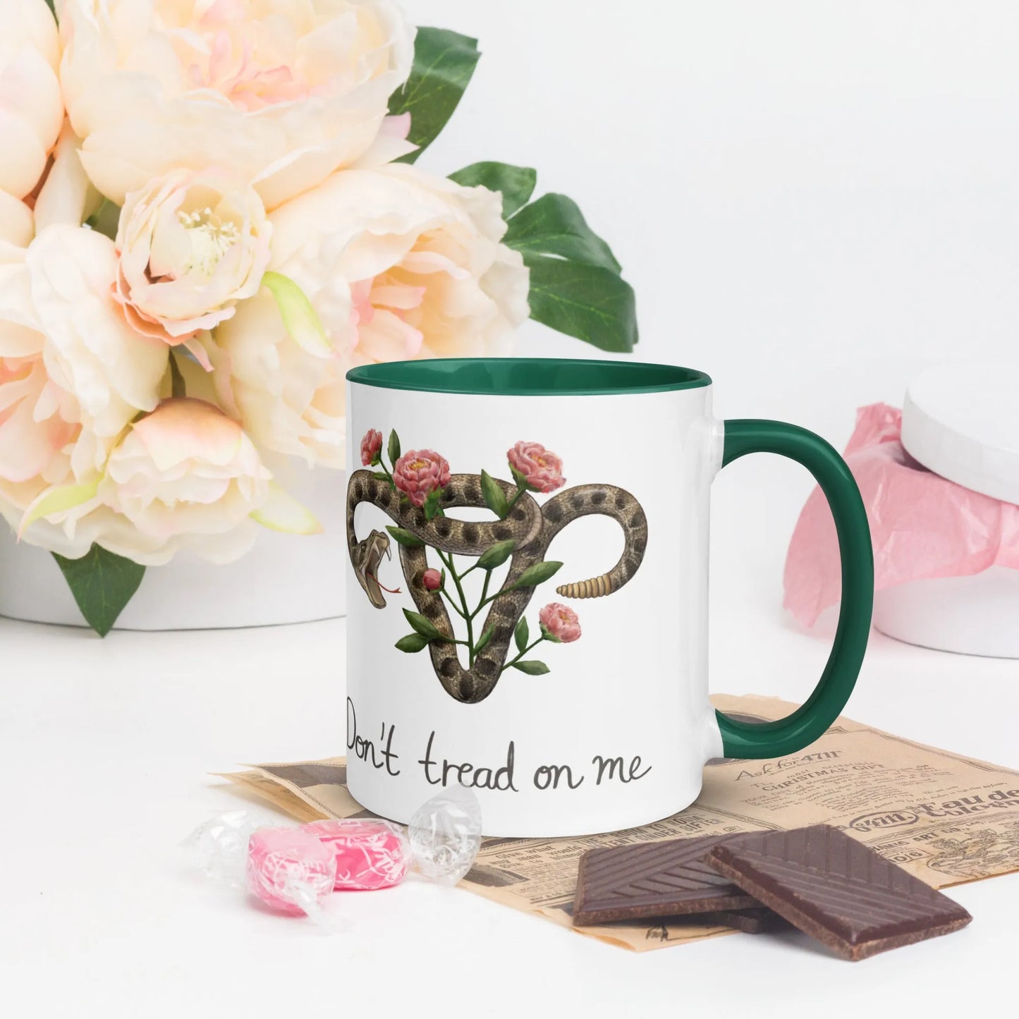 Don’t Tread On Me Uterus with Flowers Ceramic Mug, Mug, Home, Designs by Allison Wong, DTOM, Mugs, Rebel Girl Rampage