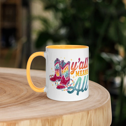 Y’all Means All Rainbow Pride Gay western Cowboy Boots Queer Ceramic Mug, Rebel Girl Rampage