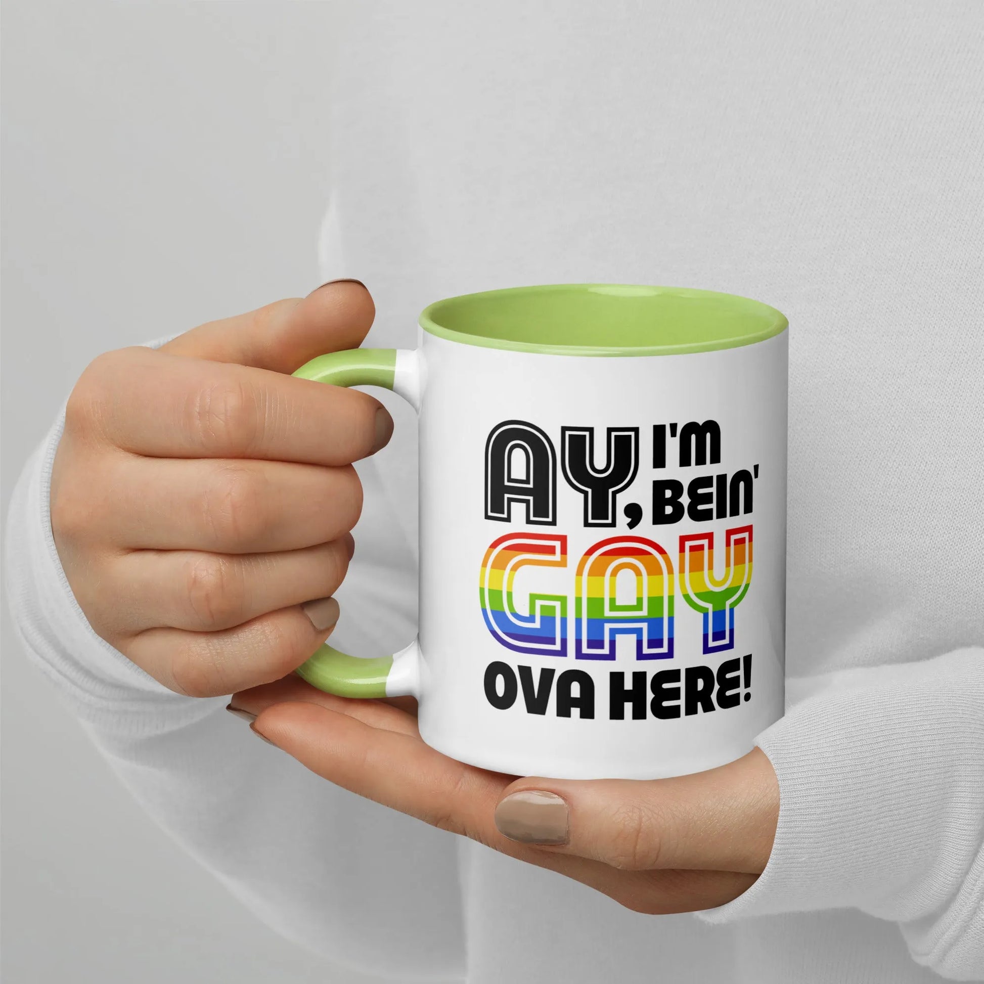 Ay, I’m Being Gay Ova Here Ceramic Mug, Mugs, Home, Designs by Annie, Pride, Mugs, Rebel Girl Rampage
