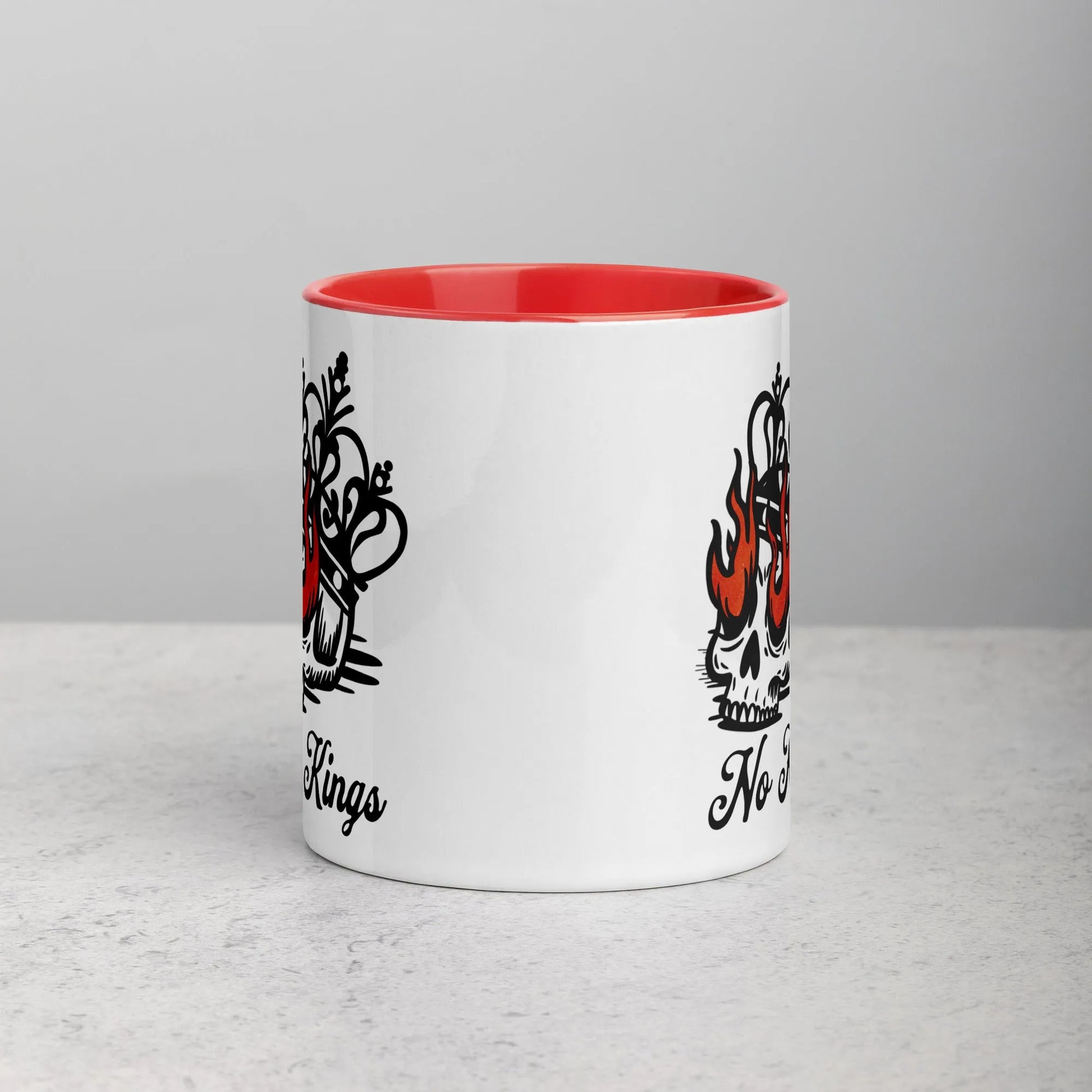 No Kings Skull Crown and Fire Eyes Graphic on a red and white mug, stand with democracy, Rebel Girl Rampage