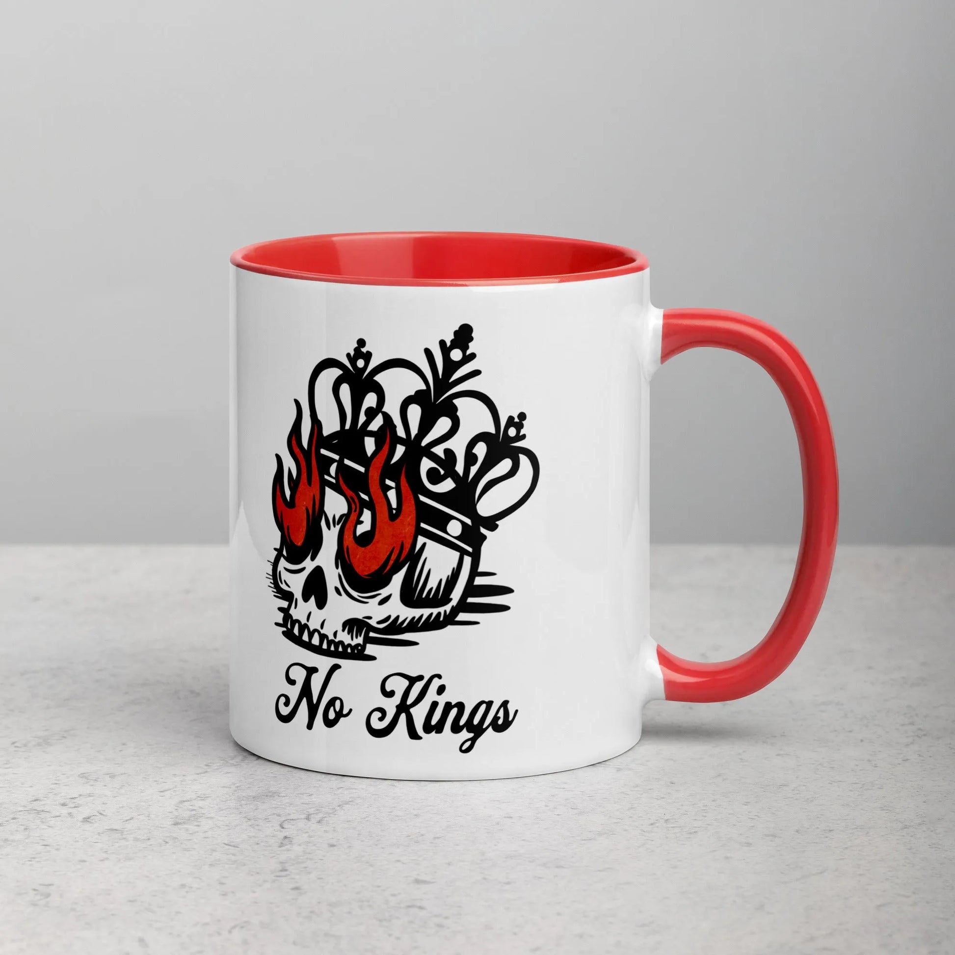 No Kings Skull Crown and Fire Eyes Graphic on a red and white mug, stand with democracy, Rebel Girl Rampage