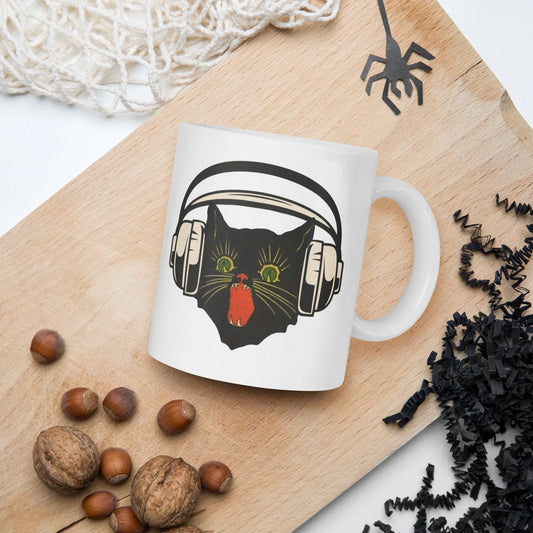 Easy Listening cute black cat listening to music on head phones on a white coffee mug, spooky season, witchy graphic, Rebel Girl Rampage