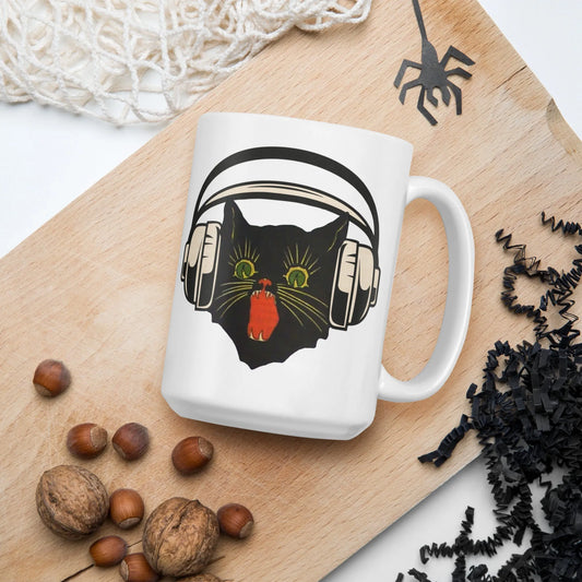 Easy Listening cute black cat listening to music on head phones on a white coffee mug, spooky season, witchy graphic, Rebel Girl Rampage