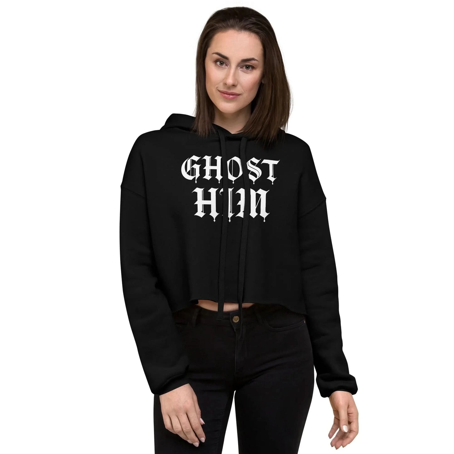 GHOST HIM white graphic on a black crop hoodie perfect for silly, sassy halloween vibes, Rebel Girl Rampage