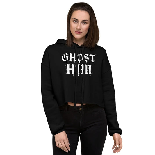 GHOST HIM white graphic on a black crop hoodie perfect for silly, sassy halloween vibes, Rebel Girl Rampage
