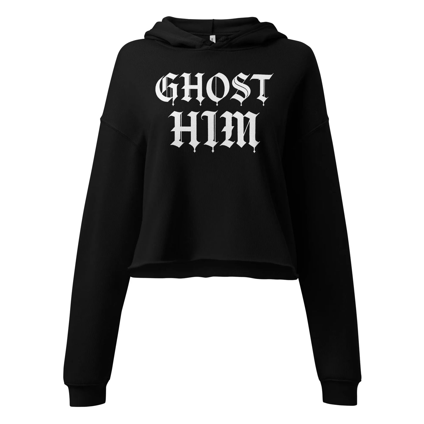 GHOST HIM white graphic on a black crop hoodie perfect for silly, sassy halloween vibes, Rebel Girl Rampage