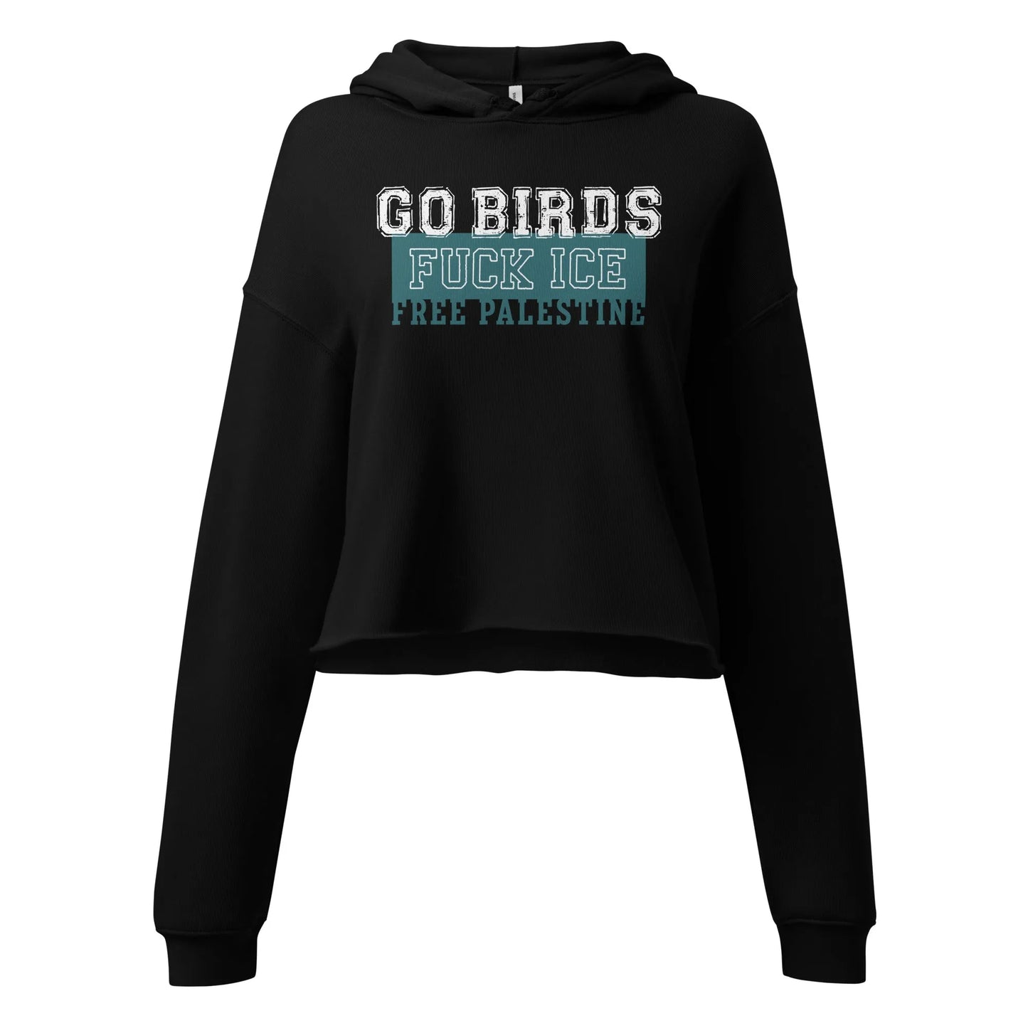 Go Birds, Fuck ICE, Free Palestine white and turquoise graphic on a crop black hoodie, Rebel Girl Rampage, $5 per piece sold is donated to CHOP- Children's Hospital of Philadelphia
